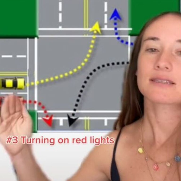 She said in the US you can turn right on a red light – but in Australia, unless there’s a sign permitting you to turn left, you can’t. Picture: TikTok/jaylee.promise