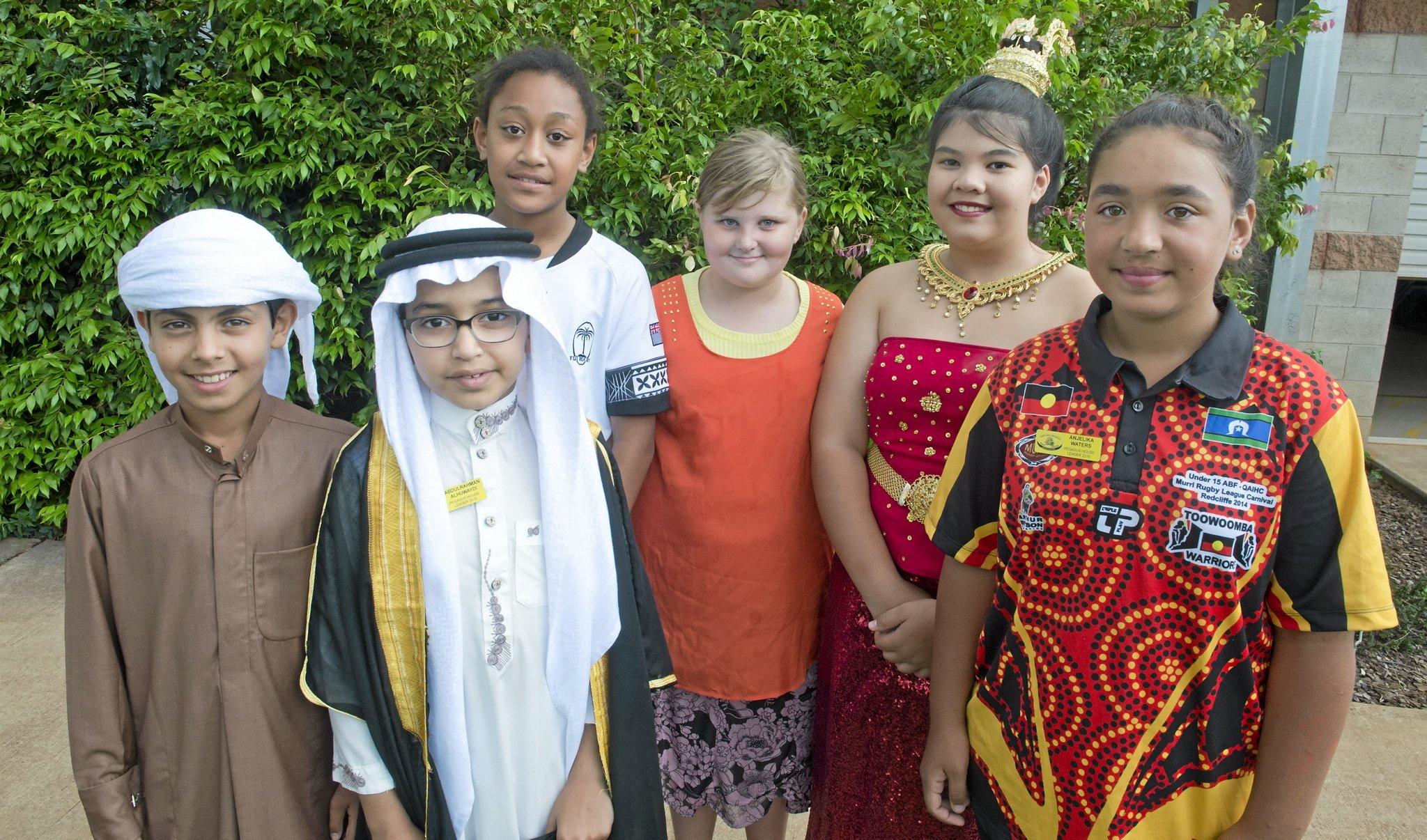 ( From left ) Elyas Al Zulaya, Abdulrahman Alhywaydi, Sofaia Kacisolomone, Tanika Lingard, Phimkae Nielsen and Anjelika Waters at Harmony day at Darling Heights State School  . Wednesday 16 Mar , 2016. Picture: Nev Madsen