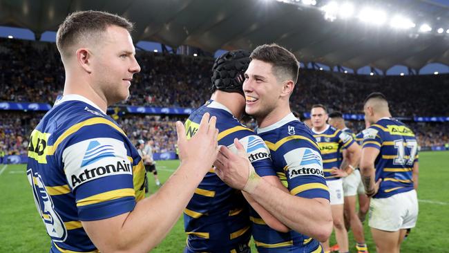 Nathan Brown, Tepai Moreoa and Mitchell Moses of the Eels celebrate victory at the end of the NRL Elimination Final match between the Parramatta Eels and the Brisbane Broncos at Bankwest Stadium on September 15, 2019 in Sydney, Australia. Picture: Matt King/Getty Images