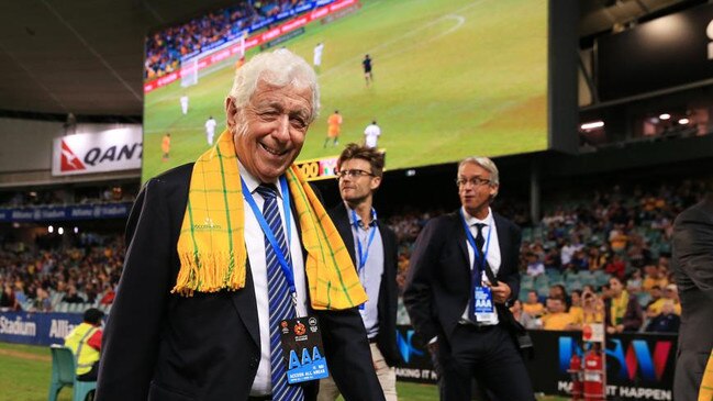 Frank Lowy happy with the 5-1 result during the World Cup qualifier between the Australian Socceroos and Jordan at Allianz Stadium, Moore Park. Picture: Toby Zerna