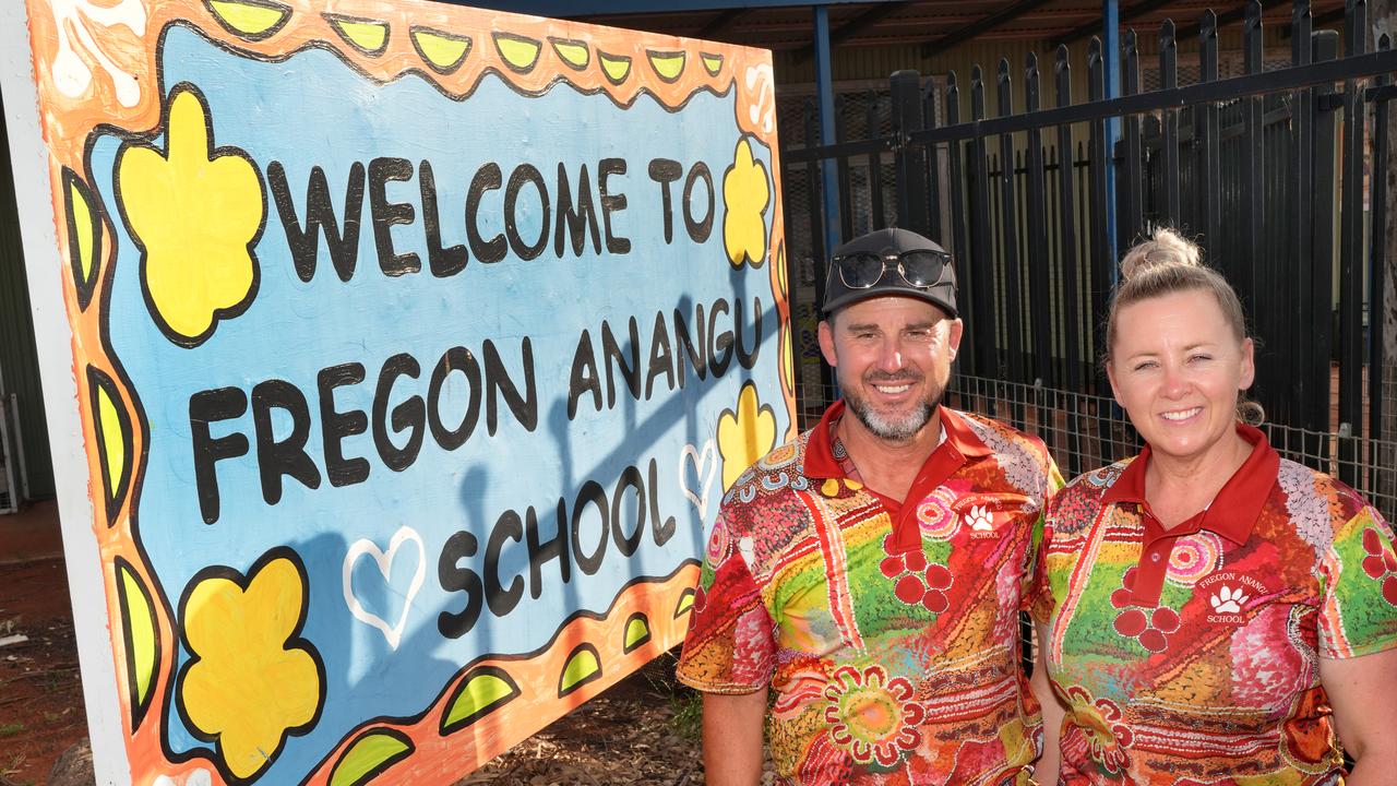 Paul and Dani Tidswell at Fregon Anangu School. Picture: Dean Martin