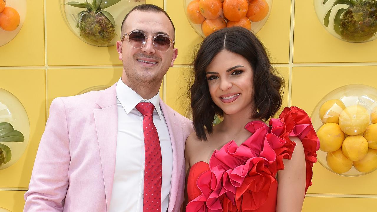 Gian and Steph Ottavio from The Block were seen at the Schweppes marquee at the Melbourne Cup. Picture: NCA NewsWire / Josie Hayden