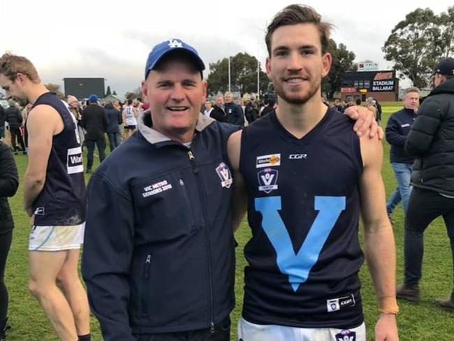 Frank Anderson with South Croydon 2009 premiership coach Paris Harvie after his Vic Metro appearance. Picture: Phil Lovell