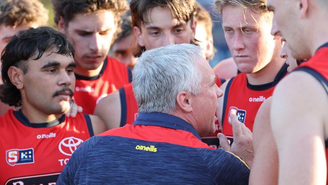 Crows SANFL coach Michael Godden addresses his charges. Picture: David Mariuz/SANFL