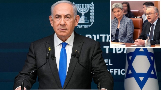 Israeli Prime Minister Benjamin Netanyahu. Inset: Foreign Minister Penny Wong, Prime Minister Anthony Albanese.