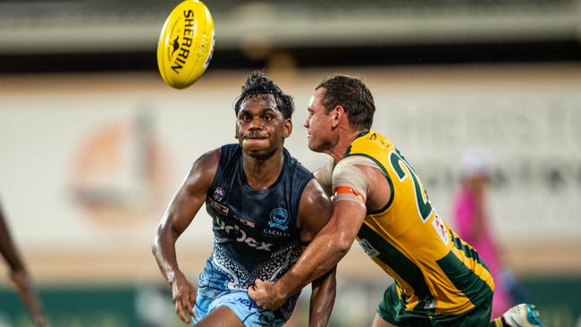 Phoenix Spicer playing for the Darwin Buffaloes against PINT in Round 10 in the 2023-24 NTFL season. Picture: Pema Tamang Pakhrin