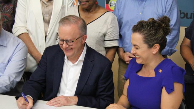 Prime Minister Anthony Albanese with Northern Territory Chief Minister Lia Finocchiaro in Alice Springs on Friday. Picture: Gera Kazakov