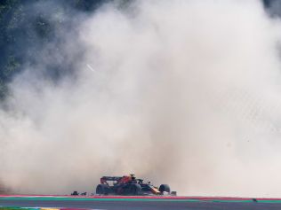 Red Bull's Max Verstappen crashes. (Photo by Claudio Giovannini / POOL / AFP)