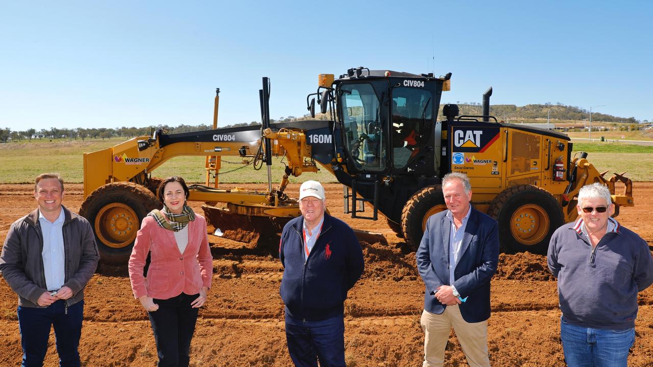 Queensland Premier Annastacia Palaszczuk at the site of a quarantine hub that will be built at Wellcamp Airport in Toowoomba picture also is Deputy Premier Steven Miles, John, Joe and Neill Wagner Picture Qld Government (Jack Tran)