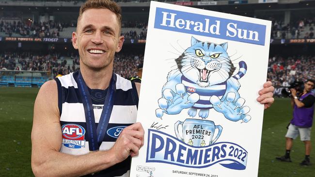 Geelong captain Joel Selwood with the Cats Premiership poster. Picture: by Michael Klein