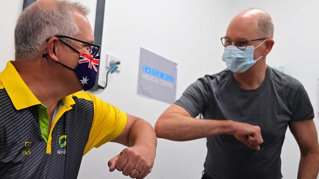 Australian Chief Medical Officer Paul Kelly (bumping elbows with Prime Minister Scott Morrison): “Our role is to really explain why we think it’s safe and effective. I absolutely do, and I’m demonstrating this by having the vaccine.”