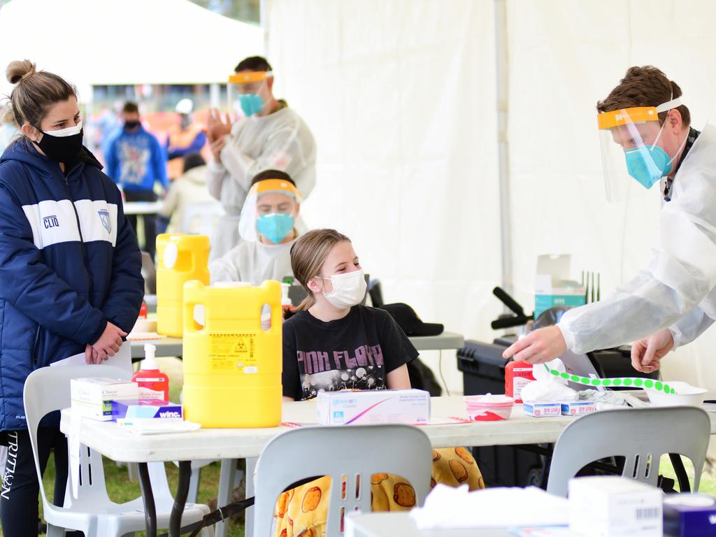 Residents register to receive their Covid-19 vaccines at a newly opened vaccination hub in Dubbo, at the centre of the Western NSW outbreak. Picture: Belinda Soole/Getty Images