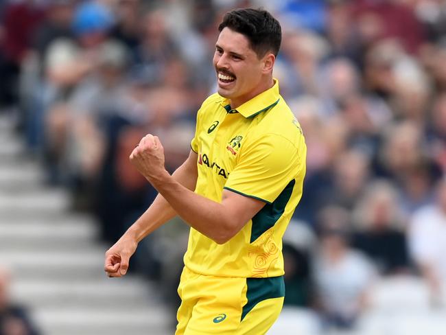 Ben Dwarshuis takes a wicket on debut. Photo by Gareth Copley/Getty Images