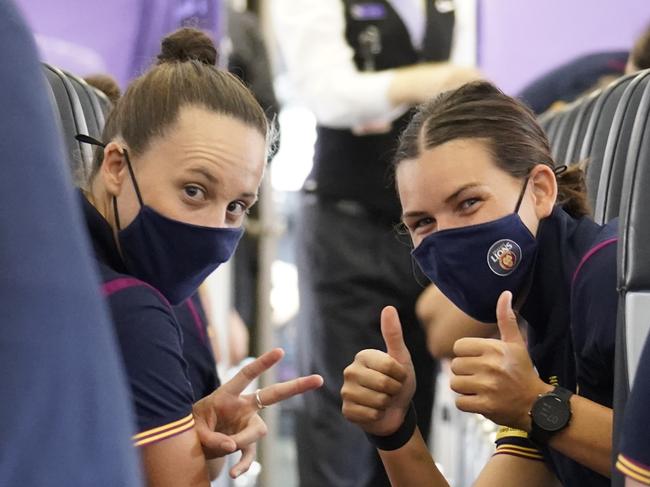 Brisbane Lions captain Emma Zielke and forward Sophie Conway on their plane ride to Melbourne. Picture: lions.com.au