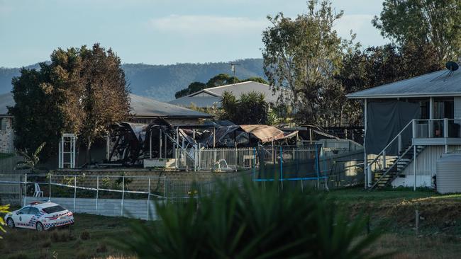 Fire tore through the Kilcoy home on Saturday, killing a man and a dog. Picture: Brad Fleet