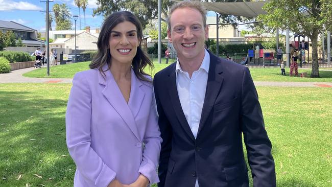 Liberal candidate for Dunstan Dr Anna Finizio with Liberal leader David Speirs at Norwood. Picture Brad Crouch