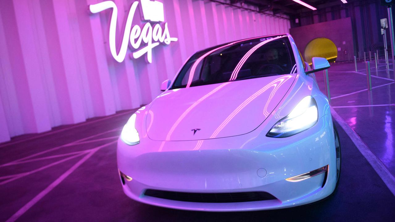 A Tesla electric vehicle waits to transport passengers through the Las Vegas Convention Center Loop ahead of the Consumer Electronics Show. Picture: AFP