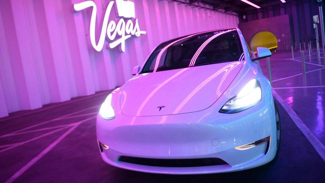 A Tesla electric vehicle waits to transport passengers through the Las Vegas Convention Center Loop ahead of the Consumer Electronics Show. Picture: AFP