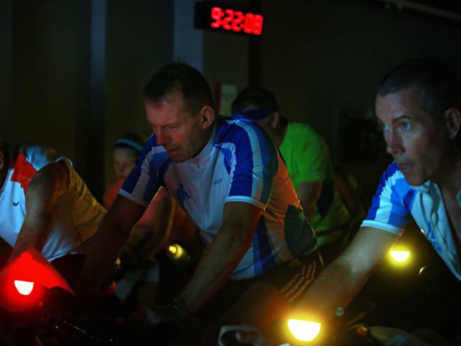 Tony Abbott in the fundraiser spin class in Mosman last week. Picture: Adam Yip