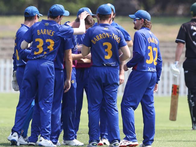 Frankston celebrate after Daniel Rawson gets out batting for Camberwell in the Premier Cricket: Camberwell Magpies v Frankston. Saturday, January 18, 2020. Picture: David Crosling