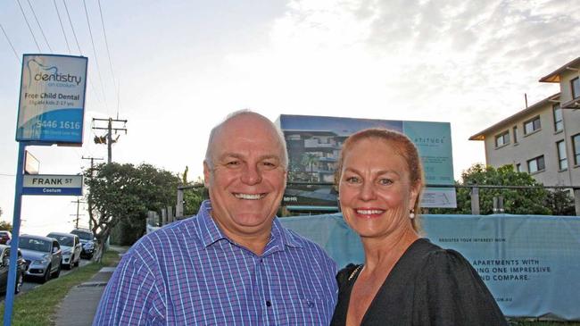 Ken and Leeane Reed on site at Latitude Coolum Beach. Picture: Erle Levey