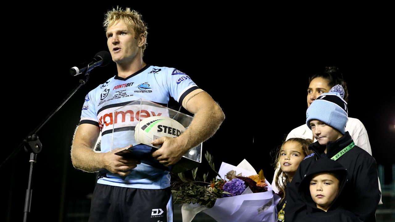 SYDNEY, AUSTRALIA - APRIL 01: Aiden Tolman of the Sharks talks to the crowd after playing in his 300th NRL match after the round four NRL match between the Cronulla Sharks and the Newcastle Knights at PointsBet Stadium on April 01, 2022, in Sydney, Australia. (Photo by Jason McCawley/Getty Images)