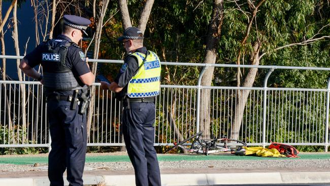 Police at the scene of a cyclist accident on Flagstaff Rd. Picture: Brenton Edwards