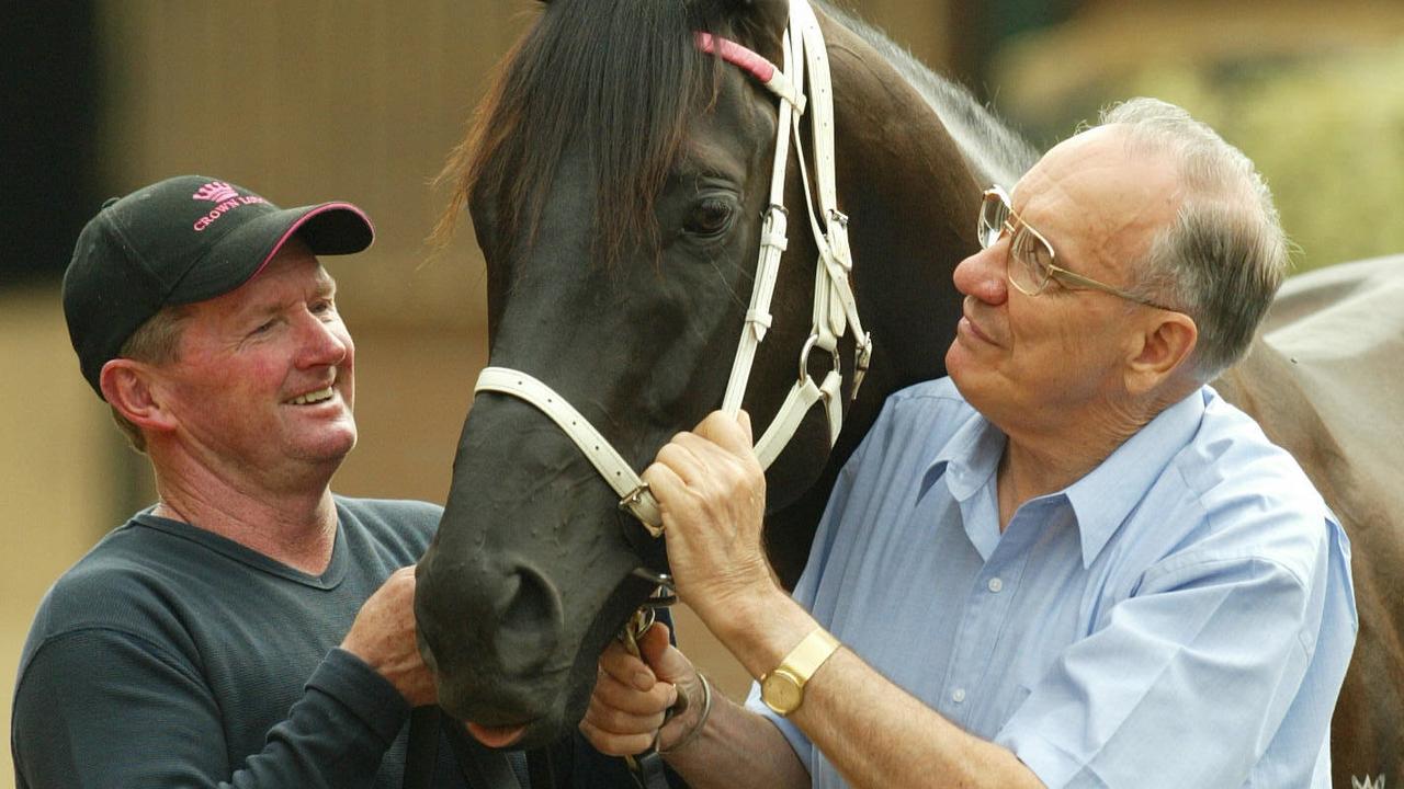 Racehorse Lonhro with owner Bob Ingham (R) and trainer John Hawkes at Crown Lodge stables, Warwick Farm, Sydney.