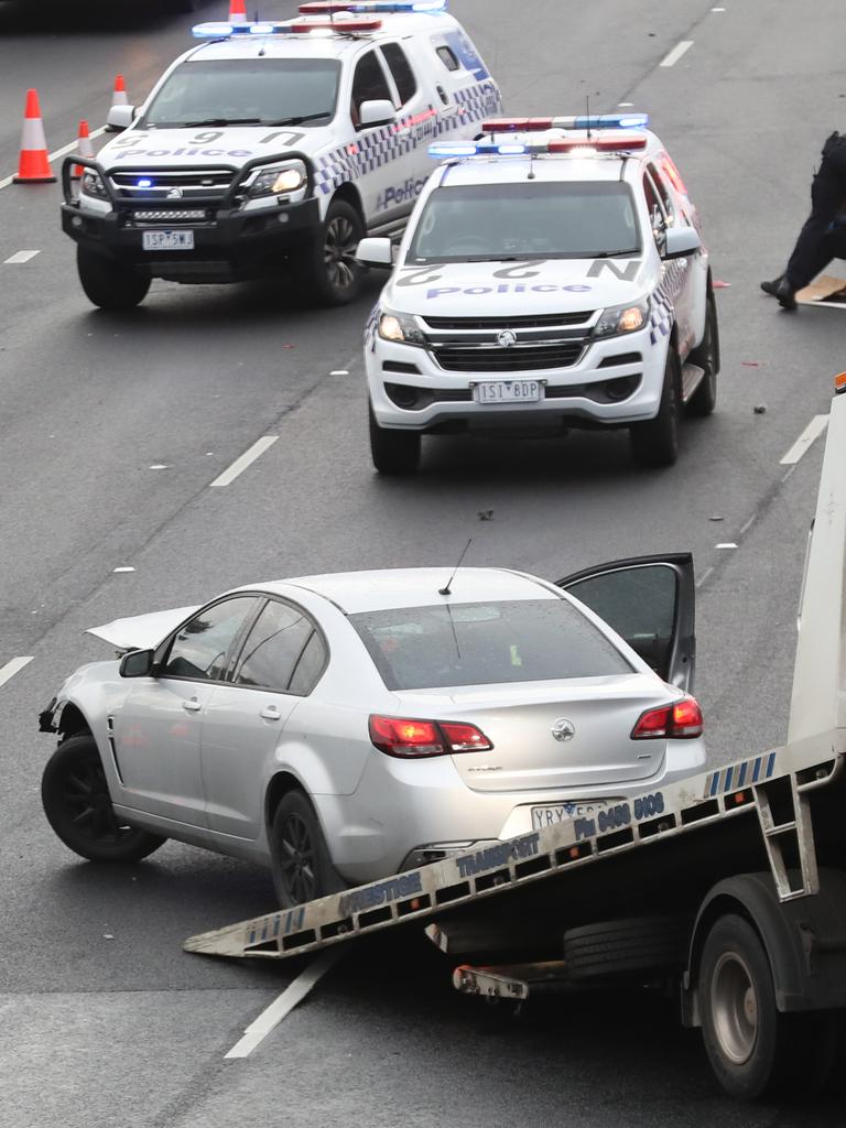 Police on scene on the Eastern freeway where a police car has been rammed. Picture: NCA NewsWire/ David Crosling