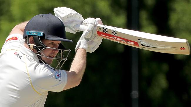 Nathan Hinton of Mosman on the way to 140 runs during round 4 against Blacktown Mounties at Allan Border Oval on October 29, 2022. (Photo by Jeremy Ng/Newscorp Australia)