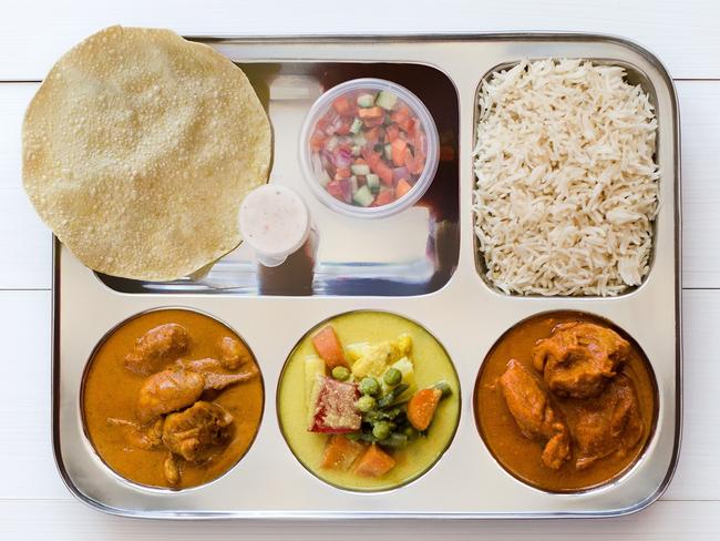 A thali plate from Curries R Us Southport. For best of the Gold Coast Cheap Eats.