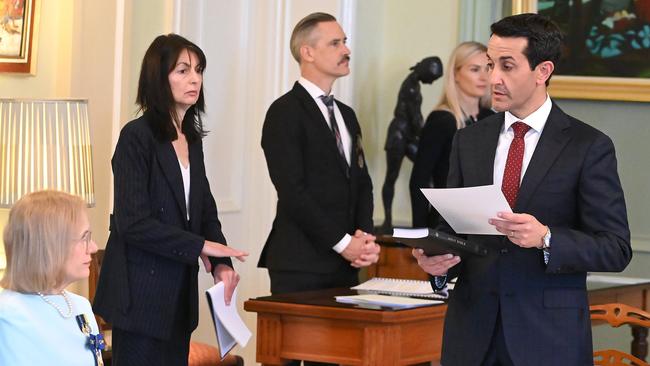 The Government Swearing in at Government House, with the new Premier of Queensland David Crisafulli and Excellency the Honourable Dr Jeannette Young. Picture: NewsWire / John Gass