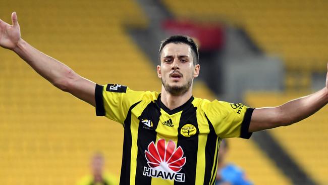 Matija Ljujic celebrates his equaliser. (AAP Image/SNPA, Ross Setford)