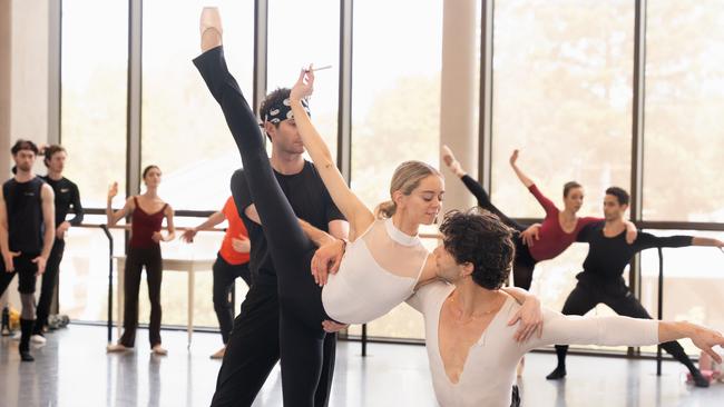 Dancers Brooke Ray, Alexander Idaszak and Luca Armstrong in rehearsal. Picture: Angharad Gladding