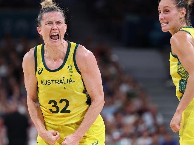 LILLE, FRANCE - AUGUST 04: Sami Whitcomb #32 and Steph Talbot #6 of Team Australia celebrate after a play during a Women's basketball Group Phase - Group B game between Australia and France on day nine of the Olympic Games Paris 2024 at Stade Pierre Mauroy on August 04, 2024 in Lille, France. (Photo by Gregory Shamus/Getty Images)