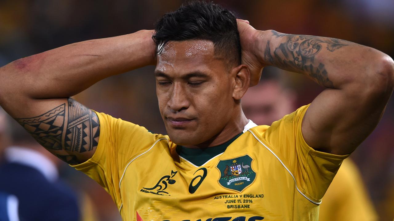 Wallabies player Israel Folau reacts at Suncorp Stadium in Brisbane.