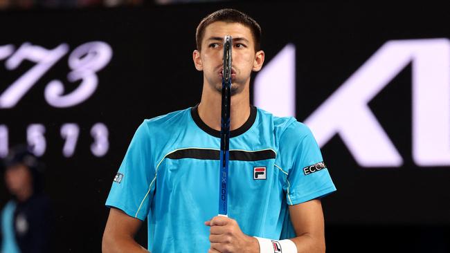 Australia's Alexei Popyrin put up a fight against world No.1 Novak Djokovic at Melbourne Park on Wednesday night. Picture: David Gray/AFP