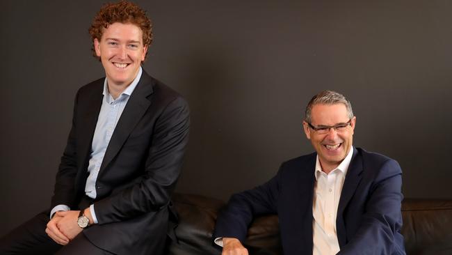 Phil Kingston with Stephen Conroy, who last April joined the board of Melbourne fintech Sargon. Picture: Stuart McEvoy