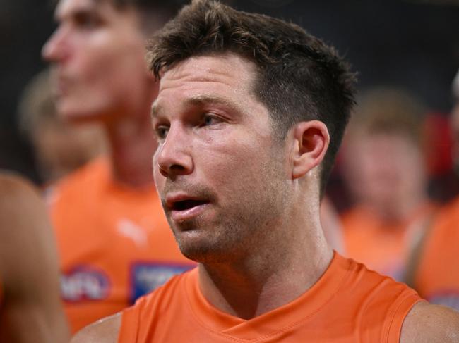 MELBOURNE, AUSTRALIA - MAY 11: Toby Greene of the Giants looks dejected after the round nine AFL match between Essendon Bombers and Greater Western Sydney Giants at Marvel Stadium, on May 11, 2024, in Melbourne, Australia. (Photo by Daniel Pockett/AFL Photos/via Getty Images)