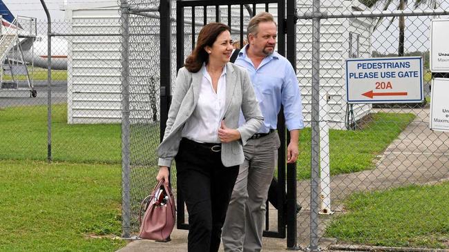 Premier Annastacia Palaszczuk and her team arrived in Mackay this morning. The group were greeted by Go Galilee protesters. Picture: Ashley Pillhofer