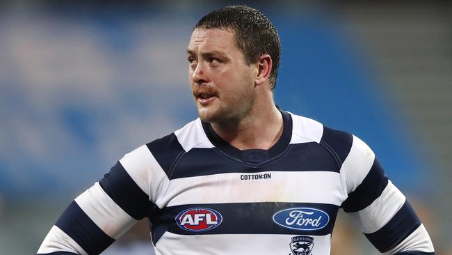 Jack Steven of the Cats looks dejected after a loss during the Round 3 AFL match between the Geelong Cats and the Carlton Blues at GMHBA Stadium in Melbourne, Saturday, June 20, 2020. (AAP Image/Dylan Burns) NO ARCHIVING, EDITORIAL USE ONLY