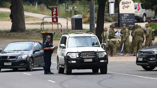 Police and Army mobilise in Harrietville. Picture: Aaron Francis