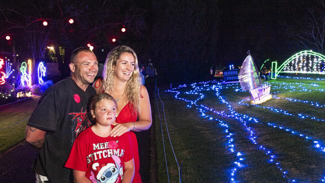 At Toowoomba's Christmas Wonderland are (from left) Nathan Moffitt, Gracie Moffitt and Niamh Jennings in Queens Park, Saturday, December 7, 2024. Picture: Kevin Farmer