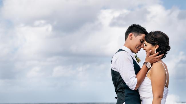 Christie Blake and Carly Finch, both 27, from Narrabeen, held their wedding near their home and are calling for gay marriage to be legalised. Pic credit: Margan Photography.