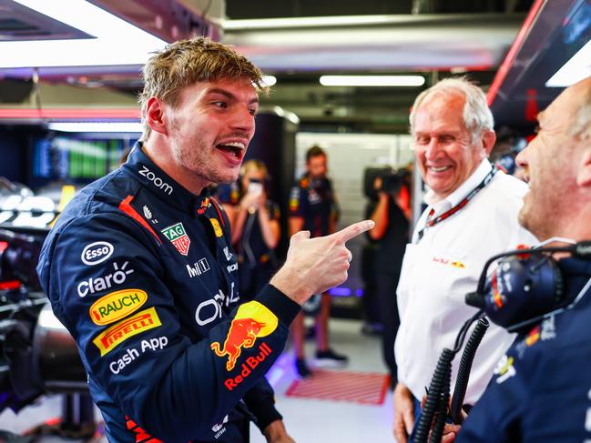 Max Verstappen talks with Red Bull Racing Team Principal Christian Horner and Red Bull Racing Team Consultant Dr Helmut Marko during practice ahead of the F1 Grand Prix of Spain at Circuit de Barcelona-Catalunya. Picture: Getty Images