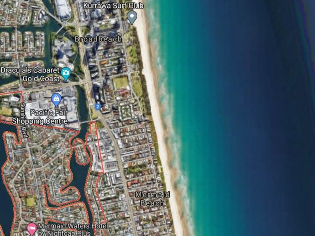 An aerial view showing Broadbeach and Mermaid Waters, where three people died within 36 hours. Picture: Google maps