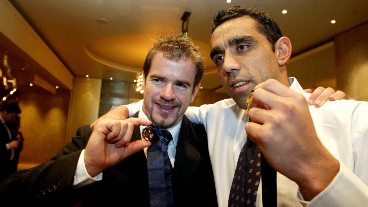 Ricciuto and Goodes celebrate with their medals. Picture: Kelly Barnes