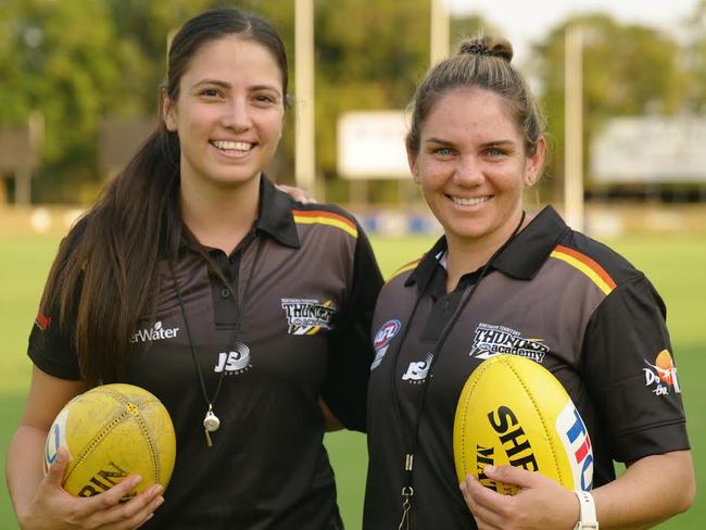 Lateesha Jeffrey and Rhiannon Busch showing their passion for the sport both on and off the field. Picture: AFLNT Media