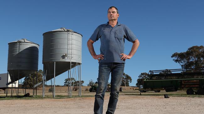 Western Australian grains farmer Rhys Turton next to his barley seed silos near York, 100km east of Perth. Photo: Richard Wainwright