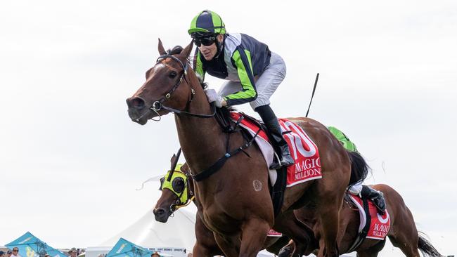 Shady Thinker, ridden by Jason Holder, wins the Magic Millions 3 & 4YO Classic at Murray Bridge. Picture: Makoto Kaneko